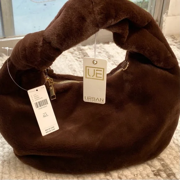 Anthropologie NWT Urban Expressions Chocolate Faux Fur Shoulder Bag ~ Gold Chain - Picture 8 of 11